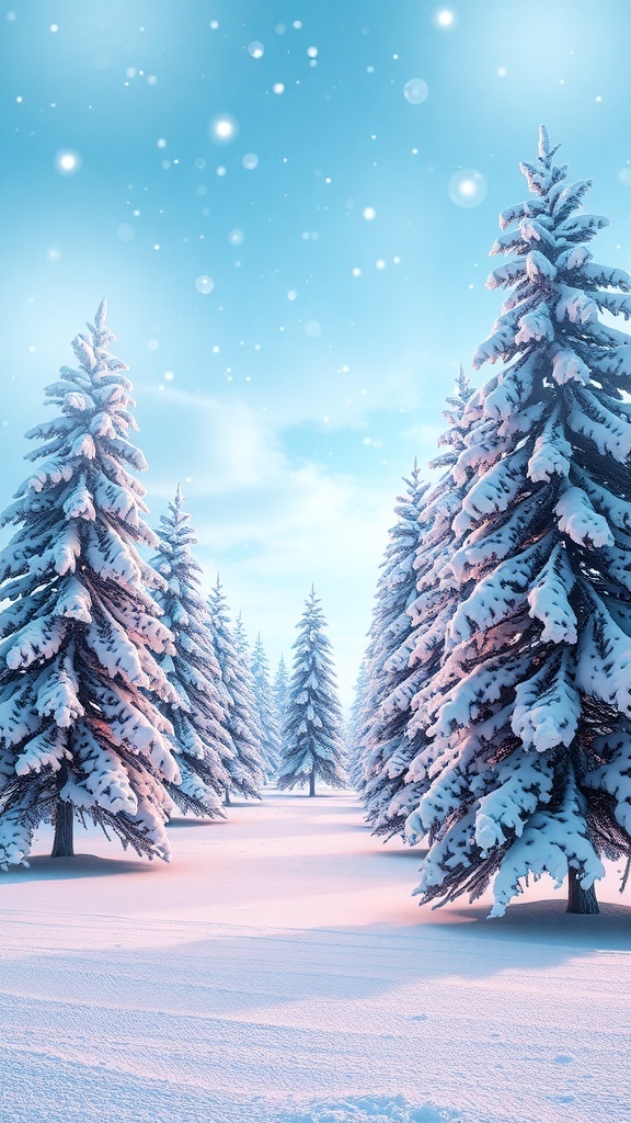 3D winter landscape with snow-covered trees and twinkling lights, creating a festive Christmas background.